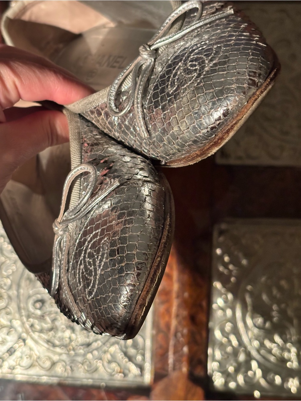 Chanel Silver Python Ballet Flats - Size 37 - Picture 3 of 14